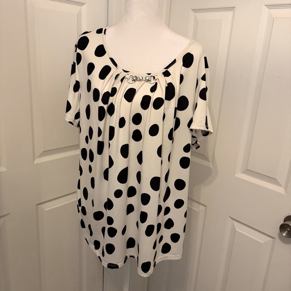 Liz & Lilli 3X White Black Polka Dot Blouse Rhinestone Accent Retro Classic EUC